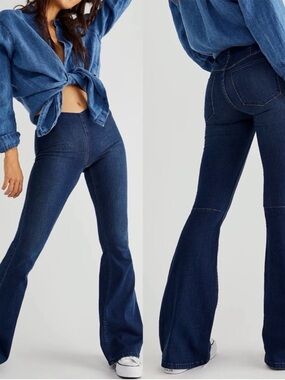Free People Dark Blue High-Rise Flare Jeans